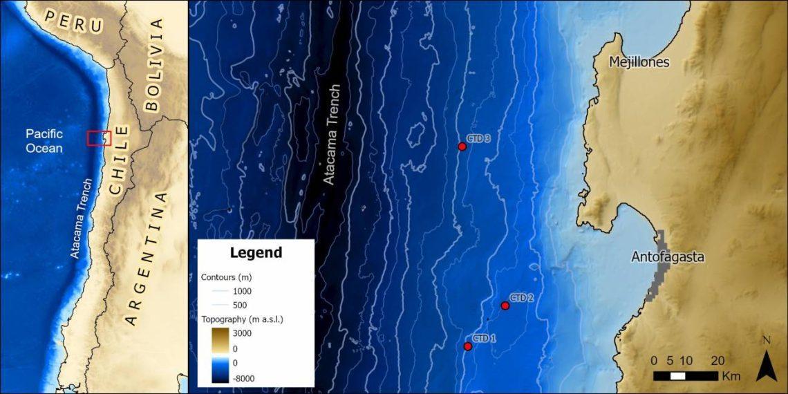 Map of the Central Andes and Coastline Showing the Atacama Trench off Chile and Ctd Survey Points Near Antofagasta; Depth Contours and a Legend Are Visible. - La Razón Nl