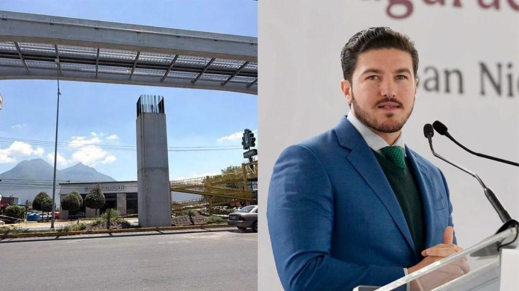 Emblema-del-gobierno-en-la-linea-6 - La Razón Nl Split Image: Left Shows a Street View with a Shopping Center and a Tall Pillar Under a Pedestrian Bridge; Right Shows a Man in a Blue Suit Speaking at a Podium with Microphones. - La Razón Nl