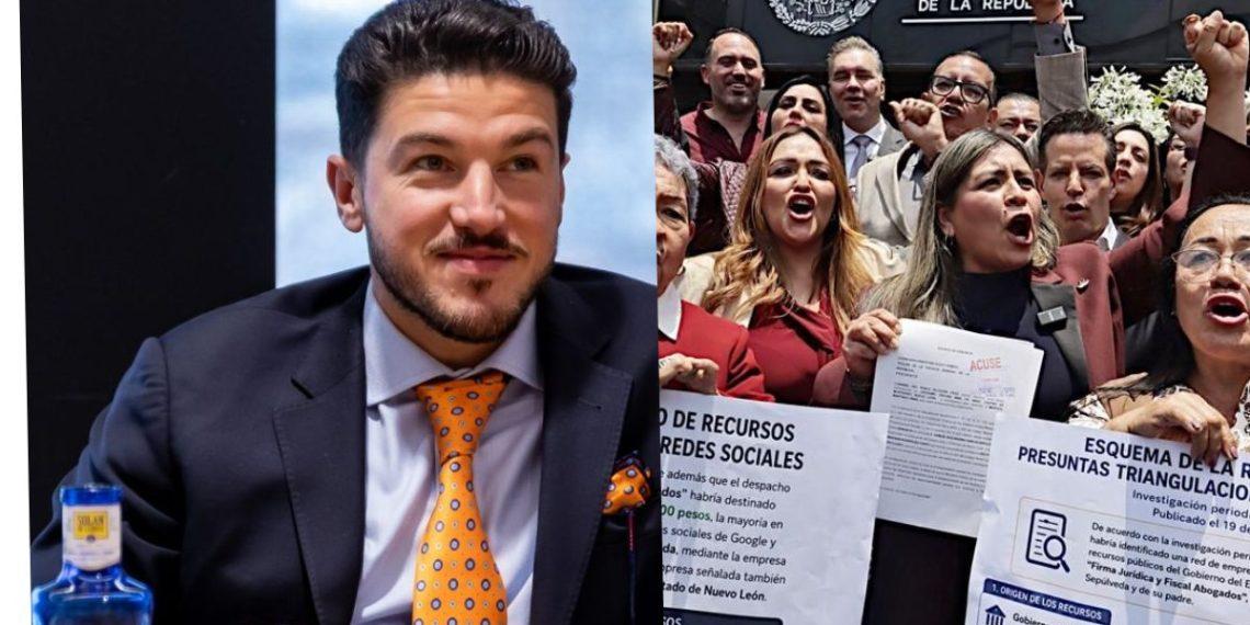 Split Image: a Man in a Navy Suit and Orange Tie Sits at a Desk; to the Right, a Crowd of Protesters Shout While Holding Signs and Banners. - La Razón Nl