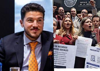 Split Image: a Man in a Navy Suit and Orange Tie Sits at a Desk; to the Right, a Crowd of Protesters Shout While Holding Signs and Banners. - La Razón Nl