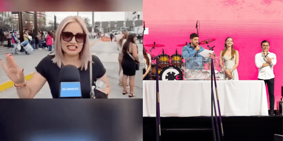 Split-screen: Outdoor Reporter with Microphone on the Left, Crowds in the Background; Right Shows Stage Hosts at a White Table with a Pink Backdrop and Drums Behind Them. - La Razón Nl