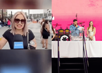 Split-screen: Outdoor Reporter with Microphone on the Left, Crowds in the Background; Right Shows Stage Hosts at a White Table with a Pink Backdrop and Drums Behind Them. - La Razón Nl