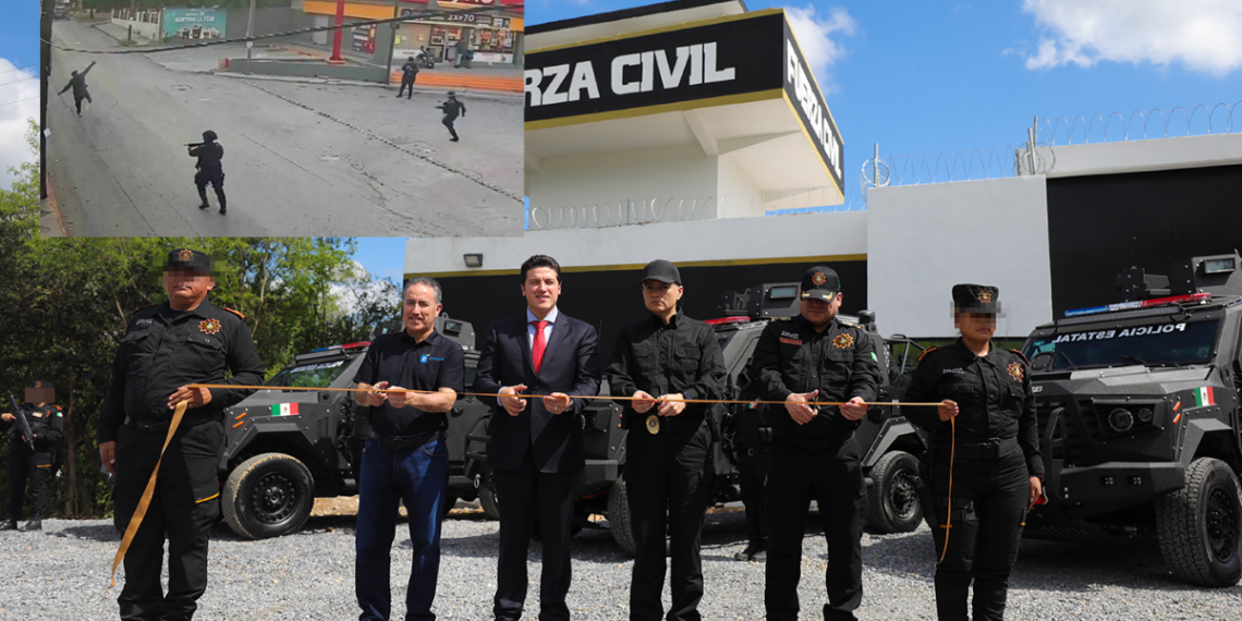 Officials in Uniforms Cut a Ribbon in Front of Armored Police Vehicles During a Ceremony; a Man in a Suit Stands Center Near the Ribbon, Building with Police Signage in Back; Inset Shows Armed Officers in a Street Scene. - La Razón Nl