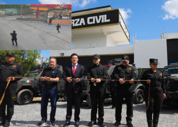 Officials in Uniforms Cut a Ribbon in Front of Armored Police Vehicles During a Ceremony; a Man in a Suit Stands Center Near the Ribbon, Building with Police Signage in Back; Inset Shows Armed Officers in a Street Scene. - La Razón Nl
