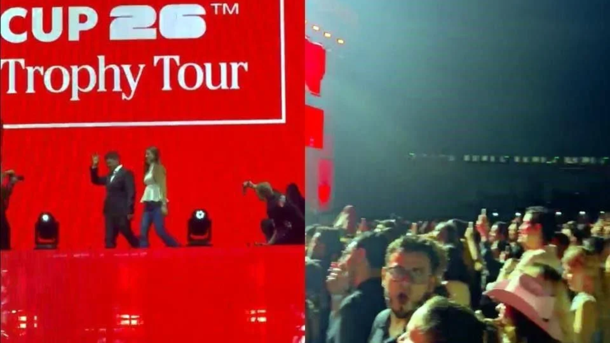 Split-screen: Left Shows a Red Stage with 'cup 26 Trophy Tour' Logo and People Waving; Right Shows a Crowded, Cheering Audience at a Night Event. - La RazÃ³n Nl
