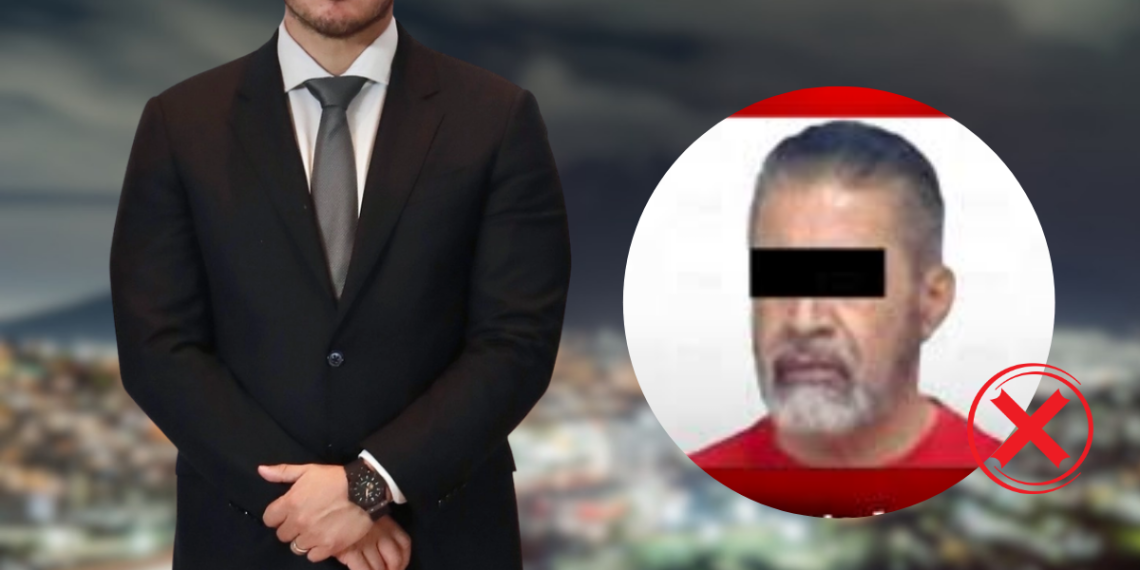 Nexos-de-samuel-garcia-con-el-lider-huachicolero - La Razón Nl Man in a Dark Suit and Tie Stands with Hands Folded; on the Right, a Circular Inset Shows a Man with a Black Eye Mask and a Red X Indicating Not This Person. - La Razón Nl