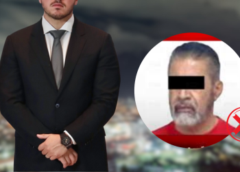 Man in a Dark Suit and Tie Stands with Hands Folded; on the Right, a Circular Inset Shows a Man with a Black Eye Mask and a Red X Indicating Not This Person. - La Razón Nl