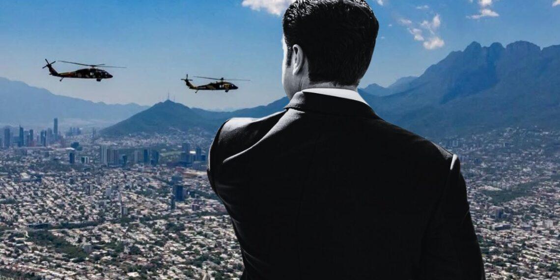 Back View of a Man in a Suit Overlooking a Sprawling City with Two Helicopters Hovering in the Sky Behind Him. - La Razón Nl
