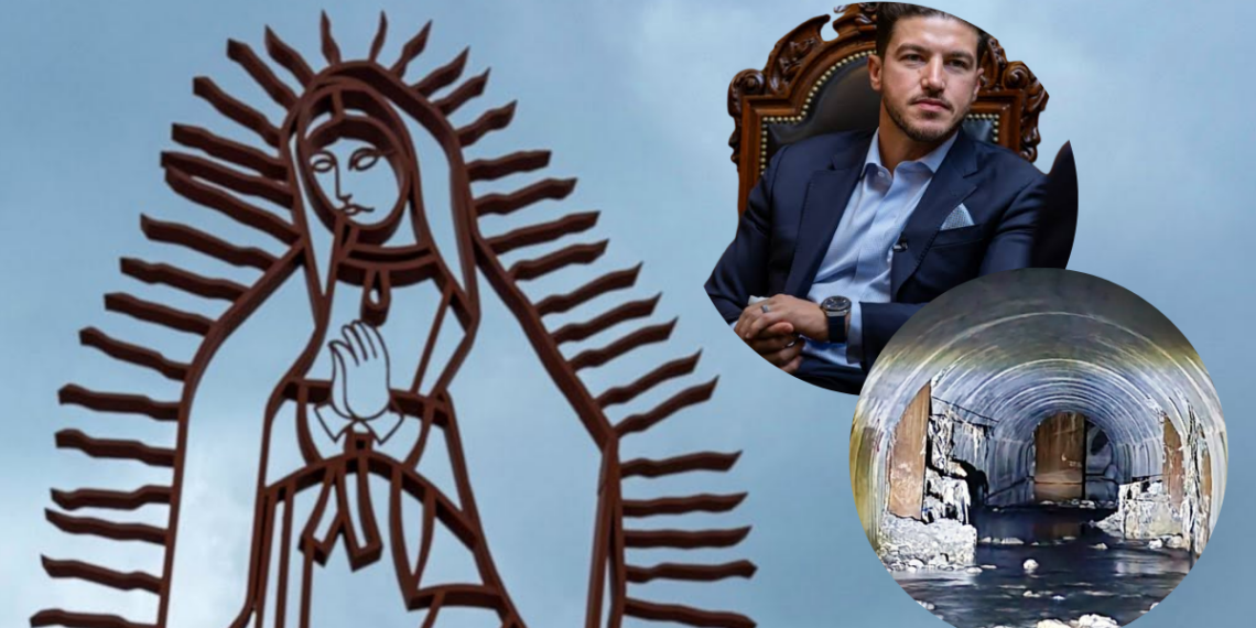 Nuevo-leon-en-caos - La Razón Nl Collage: Silhouette of the Virgin of Guadalupe, a Man in a Suit on an Ornate Chair, and a Flooded Tunnel Ruin. - La Razón Nl