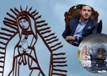 Collage: Silhouette of the Virgin of Guadalupe, a Man in a Suit on an Ornate Chair, and a Flooded Tunnel Ruin. - La Razón Nl
