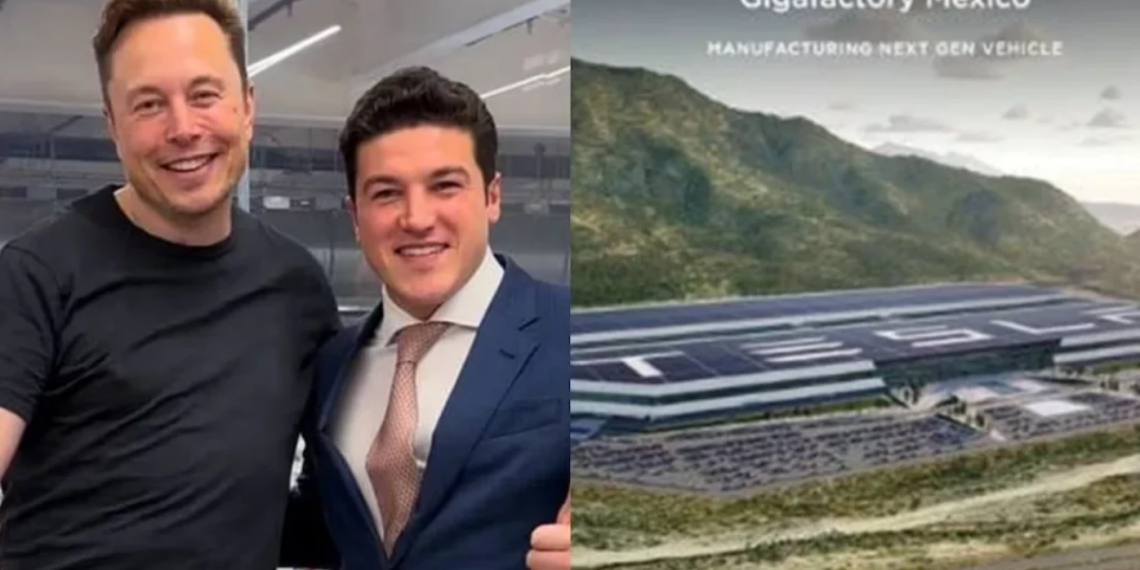 Two Men Pose for a Photo Indoors; the Right Side Shows an Artist Rendering of Gigafactory Mexico with Mountains and Solar Panels. - La Razón Nl