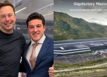 Two Men Pose for a Photo Indoors; the Right Side Shows an Artist Rendering of Gigafactory Mexico with Mountains and Solar Panels. - La Razón Nl