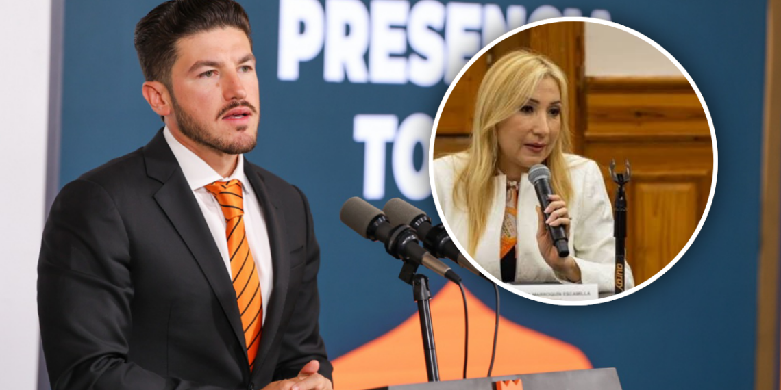 Man in a Black Suit and Orange Tie Speaks at a Podium with Microphones; Inset Shows a Blonde Woman Speaking into a Microphone. - La Razón Nl