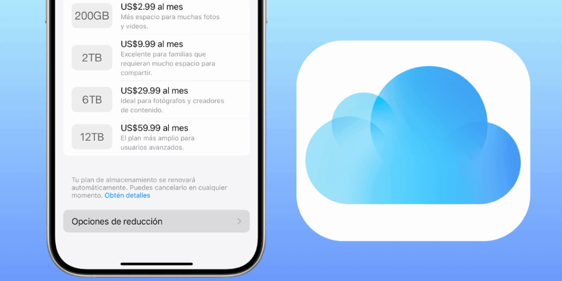 Iphone Screen Showing Icloud Storage Plans (200gb, 2tb, 6tb, 12tb) with Monthly Prices, and a Large Blue Cloud Icon on the Right. - La Razón Nl