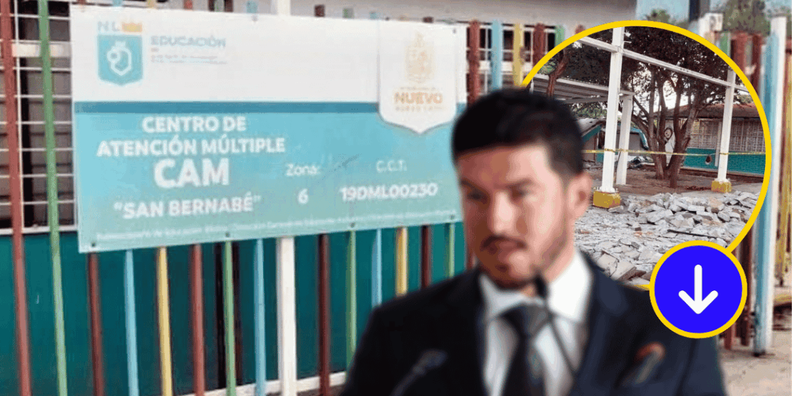 Blurred Man in a Suit Speaking at a Microphone in Front of a Sign for Centro De Atención Múltiple Cam San Bernabé with a Colorful Fence Behind. - La Razón Nl